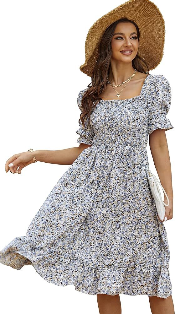 Women's Puff Sleeve Cottagecore Disty Floral Ruffle Shirred Frill Smocked Midi Dress | Amazon (US)