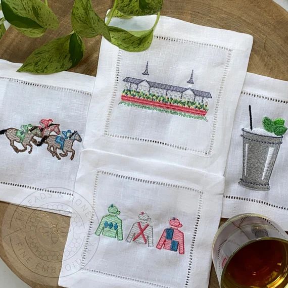 KY Derby Embroidered Linen Cocktail Napkins | Etsy | Etsy (US)
