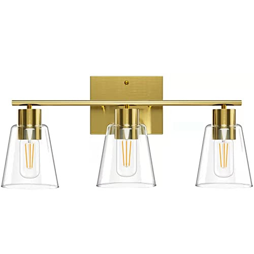 3 Light Gold Bathroom Vanity Light, Bathroom Light Fixtures Over Mirror with Clear Glass Shade, Wall | Amazon (US)