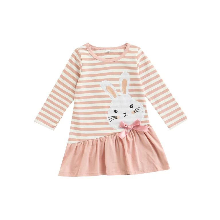 Canis Kids Girl Easter Dress Long Sleeve Round Neck Casual Dress Bow Rabbit Striped Shirt Dresses... | Walmart (US)