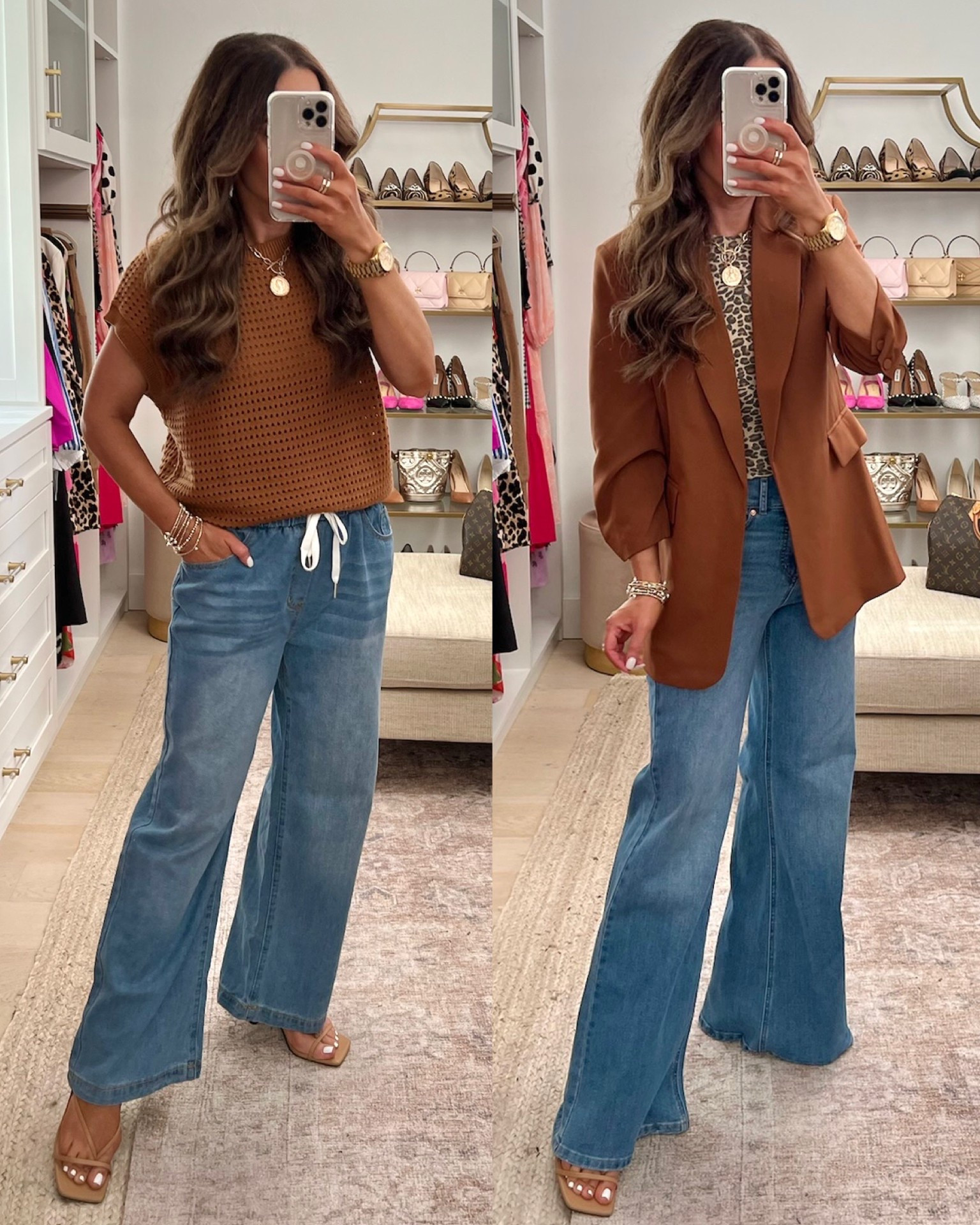 Wearing size small in tops and jacket. Size small in tie waist jeans and 4 in the flare jeans 