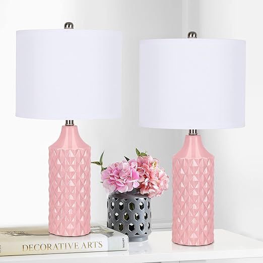 Ceramic Table Lamps Set of 2, Pink Modern Bedside Lamp 25" Nightstand Lamp 3-Way Dimmable Lamp fo... | Amazon (US)