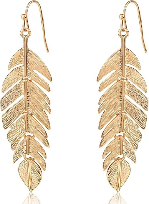 Humble Chic Leaf Earrings for Women - Long Hanging Boho Feather Earrings Plated in Gold, Silver, ... | Amazon (US)