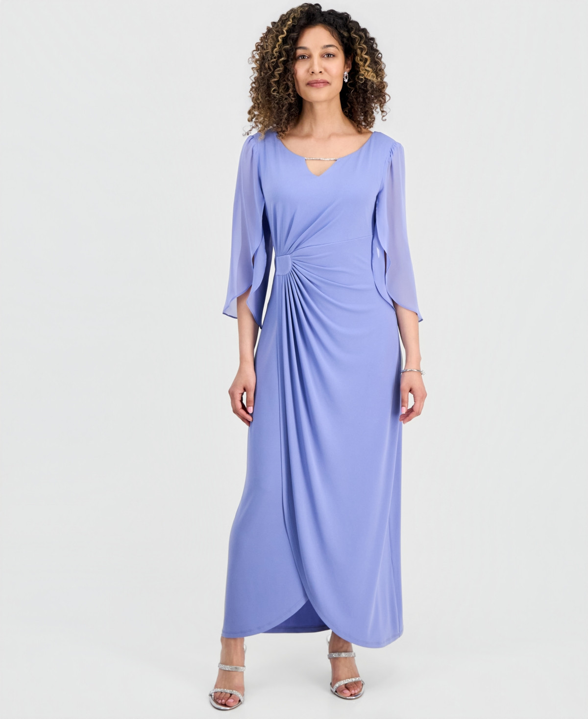 Connected Petite 3/4-Sleeve Gathered Gown - Periwinkle | Macy's