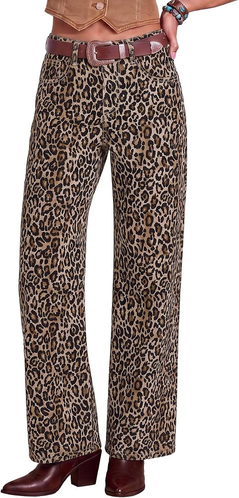 luvamia Wide Leg Jeans for Women High Waisted Leopard Cheetah Denim Pants | Amazon (US)
