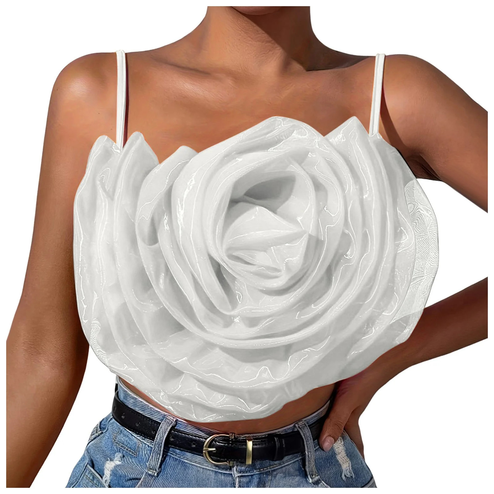 Women's Flower Front Crop Tube Top Sleeveless Strapless Solid Shirred Tops | Walmart (US)