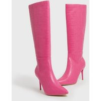 Bright Pink Faux Croc Stiletto Knee High Boots New Look | New Look (UK)