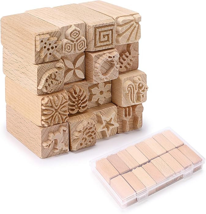 OwnMy Set of 16 Clay Modeling Pattern Stamp Kit, Wooden Clay Pottery Stamps Pottery Tool Wood Blo... | Amazon (US)