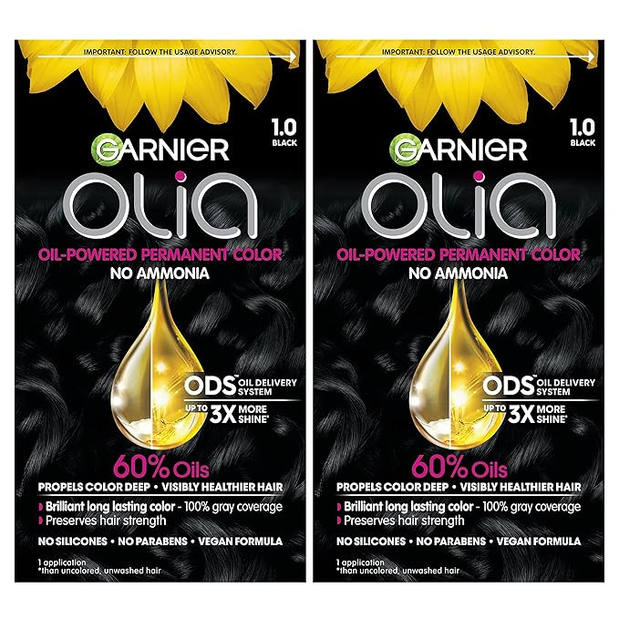 Garnier Hair Color Olia Ammonia-Free Brilliant Color Oil-Rich Permanent Hair Dye, 1.0 Black, 2 Co... | Amazon (US)