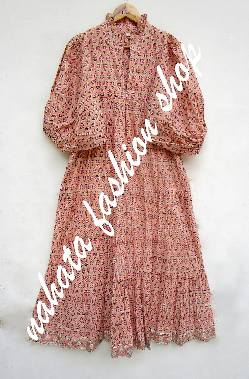 Orange Booty Printed Cotton Long Maxi Dress V Neckline Boho Maxi Dress 3/4th Sleeve Boho Maxi Dre... | Etsy (US)