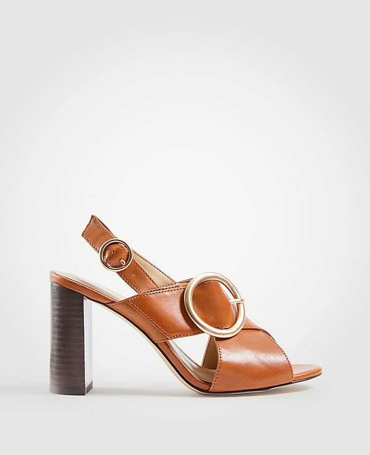Magda Leather Buckle Block Heel Sandals | Ann Taylor (US)