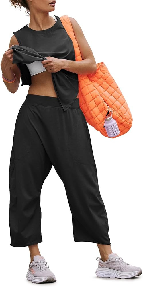 Fisoew Women's Summer 2 Piece Outfits Sleeveless Tank Tops Wide Leg Pocketed Pants Workout Sweat ... | Amazon (US)