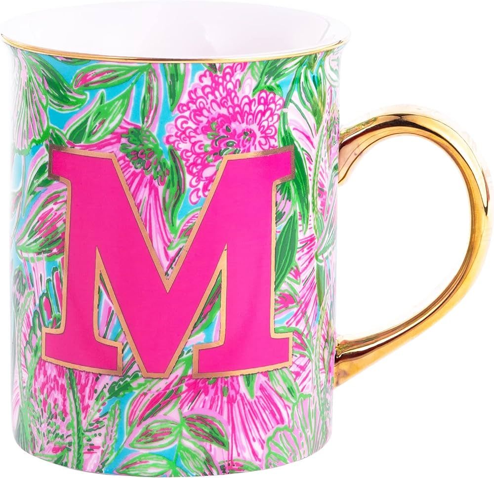 Lilly Pulitzer Initial Ceramic Coffee Mug, 14 Oz Tea Cup, Cute Mug with Gold Handle and Gift Box,... | Amazon (US)