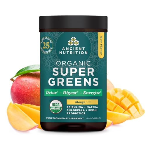 Ancient Nutrition SuperGreens Powder with Probiotics, Organic Mango Flavor Greens, Made from Real Fruits, Vegetables and Herbs, Digestive and Energy Support, 25 Servings, 6.8oz | Amazon (US)