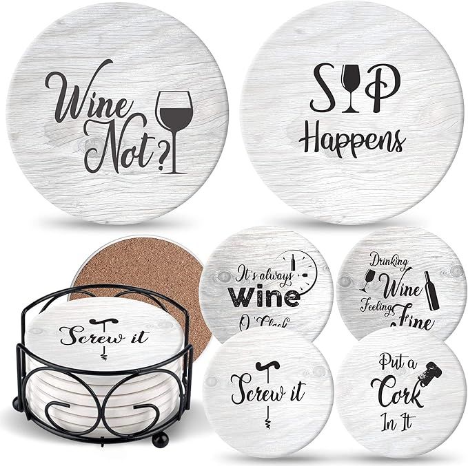 Coasters for Drinks Absorbents with Holder - 6 Pcs Gift Set with 6 Funny Sayings for Wine Lovers ... | Amazon (US)