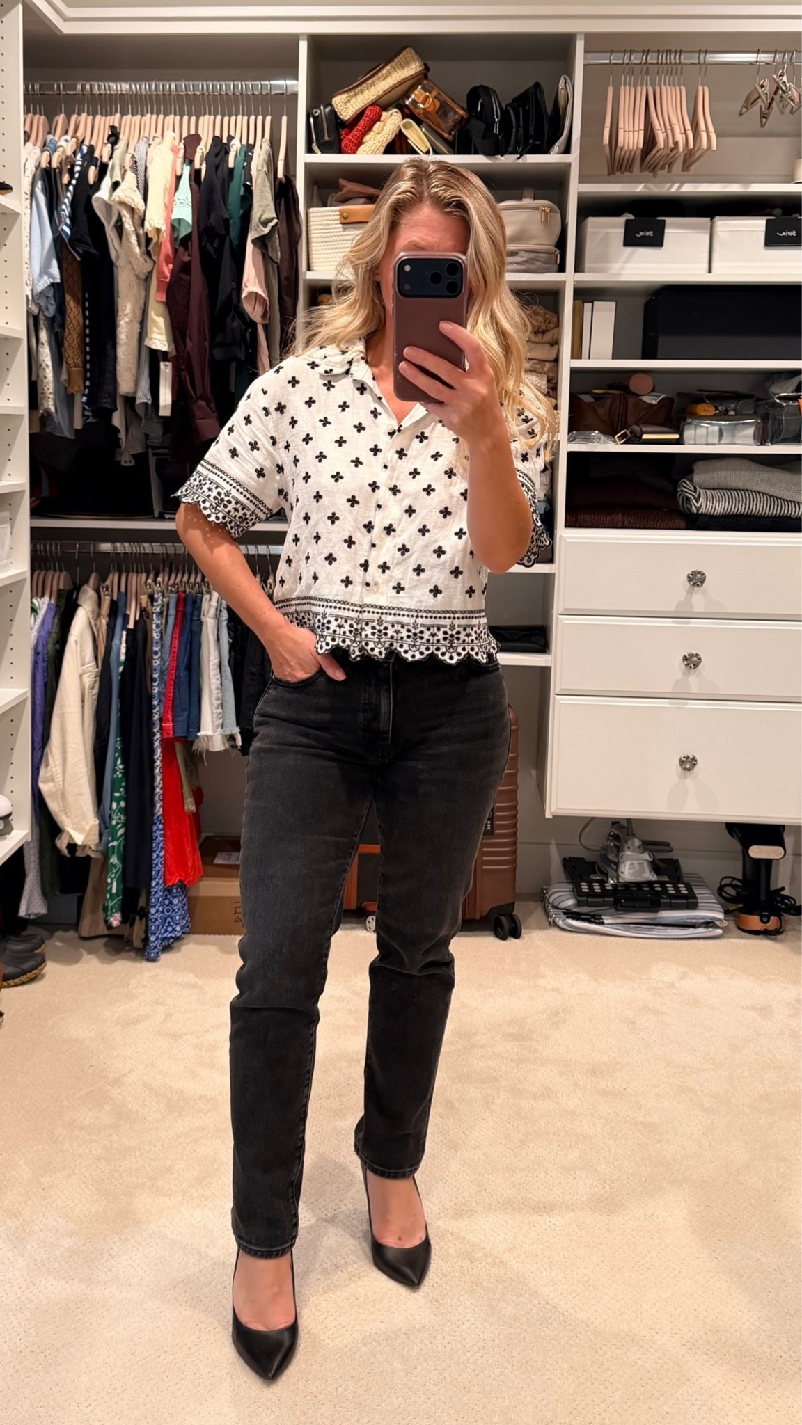 Petite style tip: showing a little waist goes a long way. ✨

One of my favorite outfit formulas for elongating a petite frame is a cropped top (or a top that hits at the waist) paired with high-waisted denim and a pointed-toe heel. The higher rise visually lengthens your legs, the shorter top creates definition at the waist, and the pointed toe extends your leg line even more.

This black-and-white embroidered blouse does all the work for me. It adds interest and texture while the simple silhouette keeps the proportions balanced.

If you’re under 5’4”, try this formula with pieces you already own:
✔️ Cropped or front-tucked top
✔️ High-waisted jeans or trousers
✔️ Pointed-toe flats or heels

Sometimes it’s not about buying new clothes. It’s about wearing them in a way that works with your proportions.

#PetiteStyle #PetiteFashion #StyleTips #CapsuleWardrobe #EverydayStyle #Over40Style #ClassicStyle #PetiteOutfits #WardrobeEssentials #LTKStyle

#LTKootd #LTKPetite #LTKSaleAlert