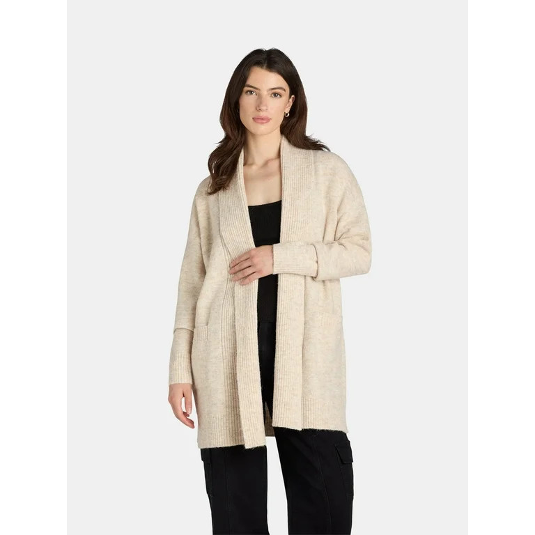 Time and Tru Women's and Women's Plus Fuzzy Open Front Cardigan Sweater, Midweight, Sizes XS-4X -... | Walmart (US)