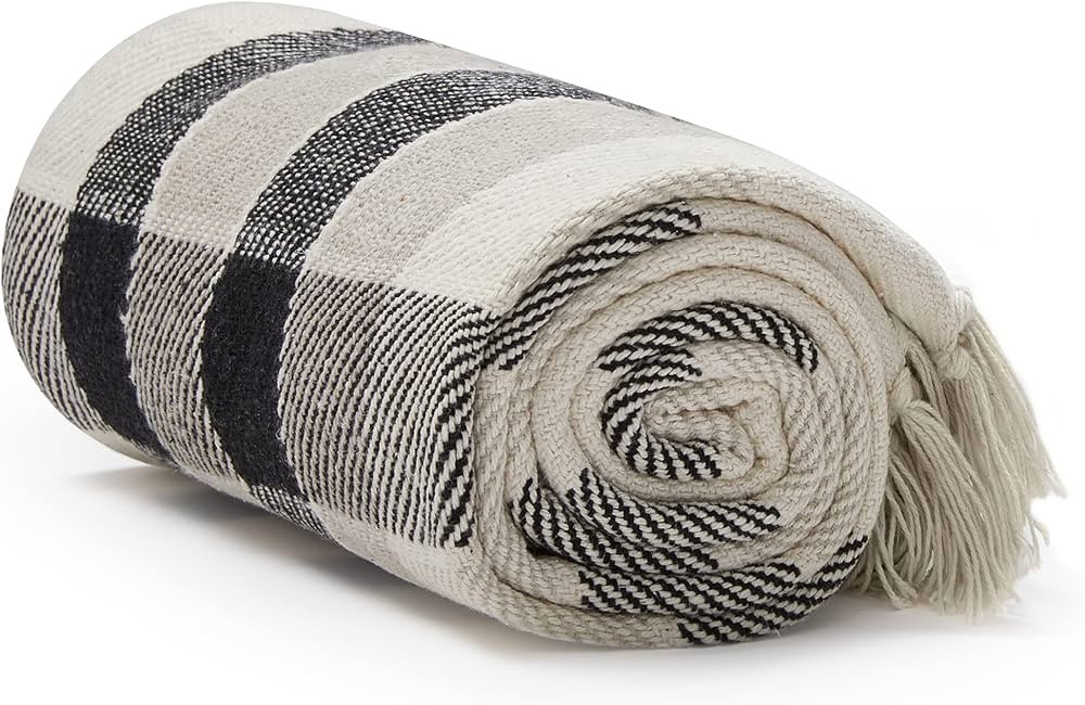 Americanflat 100% Cotton Throw Blanket for Couch - 50x60 Plaid Black, Cream and Beige Throw Blank... | Amazon (US)