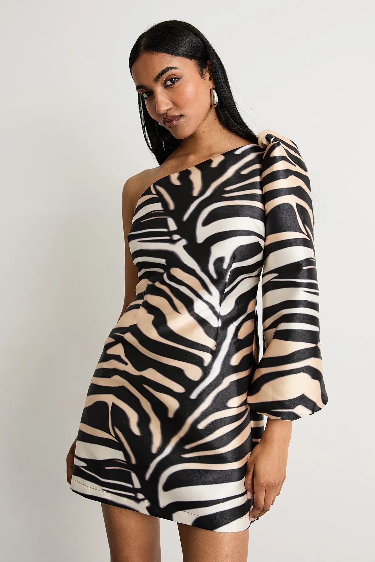 Zebra Warehouse One Shoulder Puff Sleeve Mini Dress | Karen Millen | Karen Millen UK + IE + DE + NL