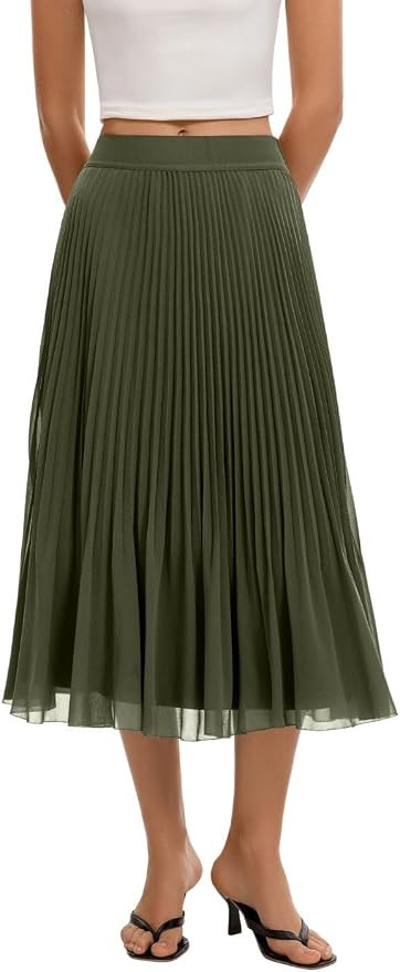 QINSEN Women's Elegant Flowy Pleated Chiffon Skirts Summer A-line Swing Midi Skirts Casual Elasti... | Amazon (US)