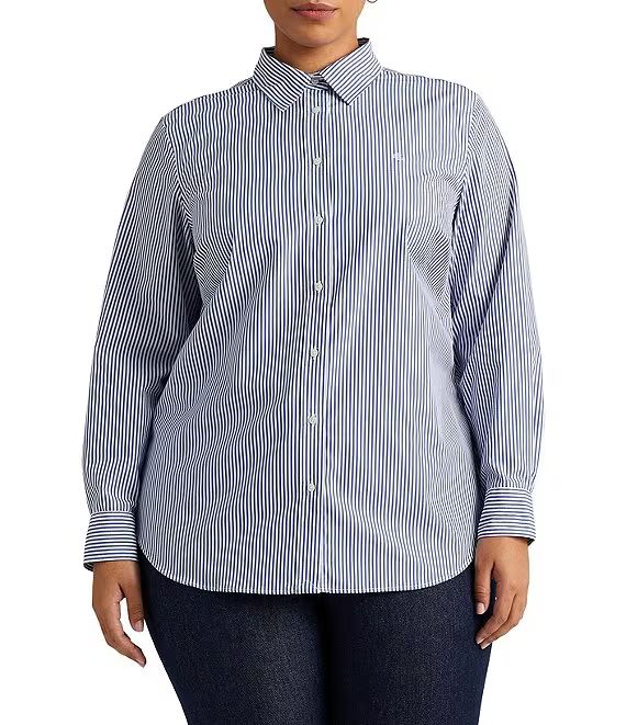 Plus Size Point Collar Long Sleeve Stripe Print Shirt | Dillard's