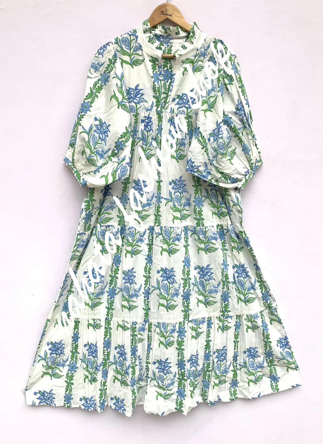 Indian Cotton Green-white Floral Plant Block Printed Women's Maxi Dress - Frill Collar With Belt ... | Etsy (US)