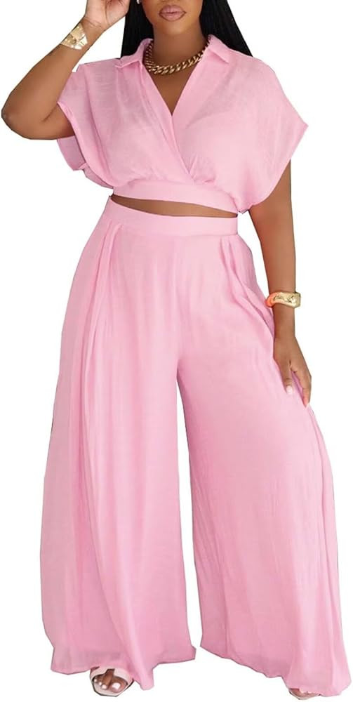 KEYUFANG Women's Summer 2 Piece Outfits Wrap V Neck Crop Top and Wide Leg Pants Sets Casual Vacat... | Amazon (US)