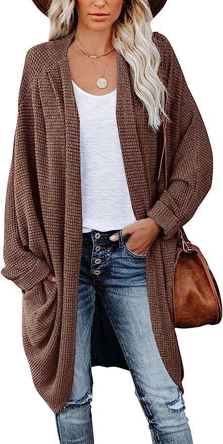 MEROKEETY Women's Waffle Knit Batwing Long Sleeve Cardigan Loose Open Front Sweater Coat | Amazon (US)