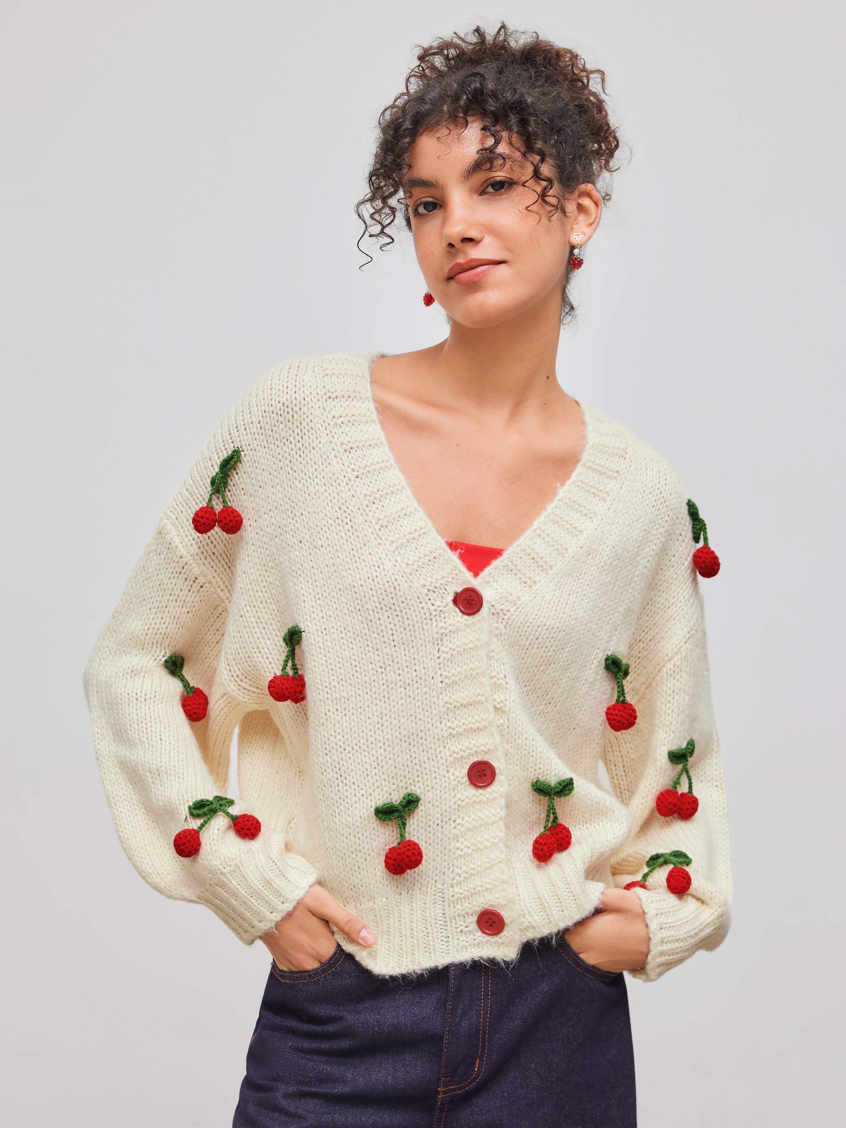 Knit Fabric Knit V-neck Cherry Button Cardigan For Vacation | Cider