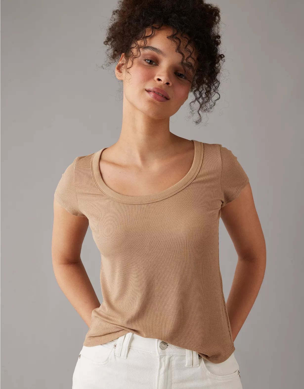 AE Soft & Sexy Short-Sleeve Scoop Neck Ribbed T-Shirt | American Eagle Outfitters (US & CA)