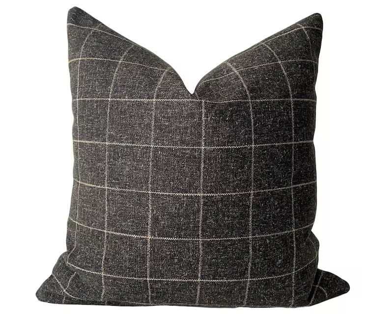 Charcoal Grey & Cream Check Pillow Cover // hand made throw pillow, black white gray, modern meta... | Etsy (US)