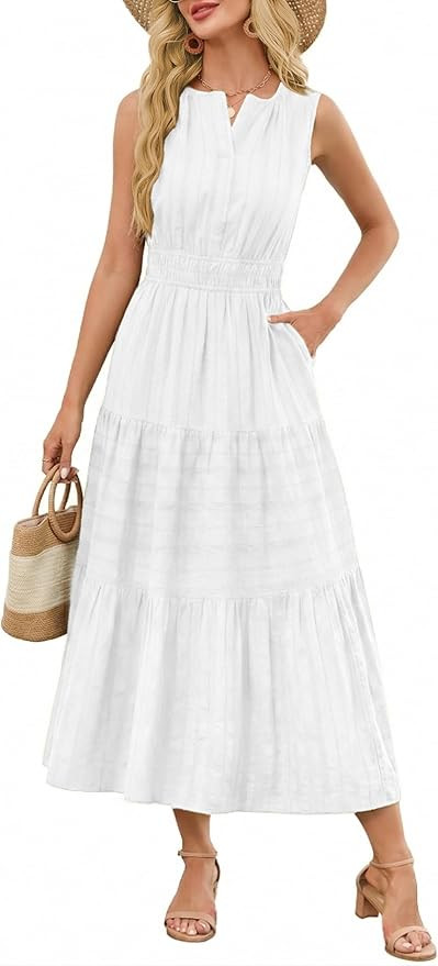Funlingo Summer Maxi Dresses for Women Casual Sleeveless V Neck Elastic Waist Midi Wedding Guest ... | Amazon (US)