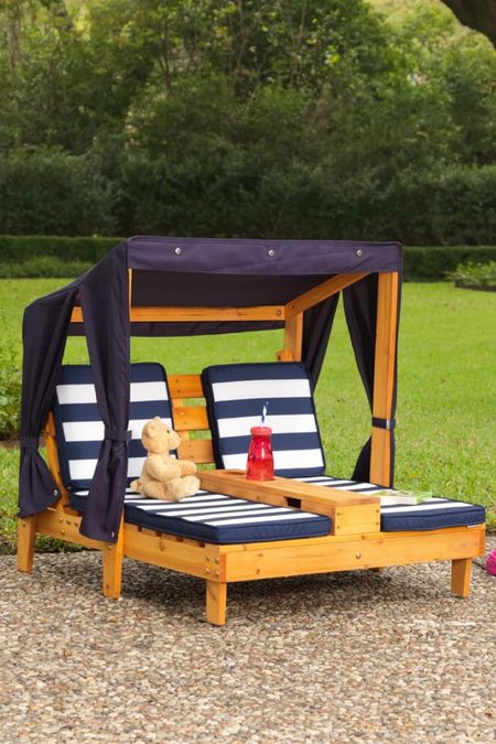 KidKraft Wooden Outdoor Double Chaise Lounge with Cup Holders, Kid's Patio Furniture, Honey with Navy and White Striped Fabric, Gift for Ages 3-8

#LTKfamily #LTKhome #LTKkids