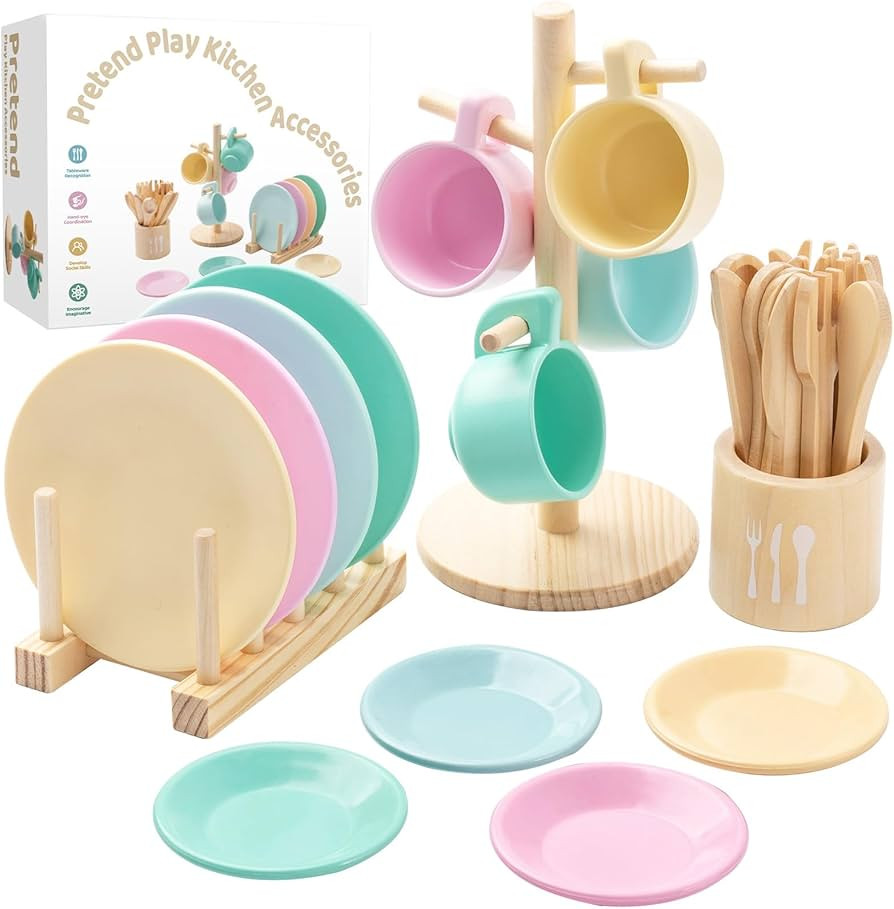 GAGAKU Juego de platos de madera para niños, 27 piezas, accesorios de cocina Montessori, juego d... | Amazon (US)