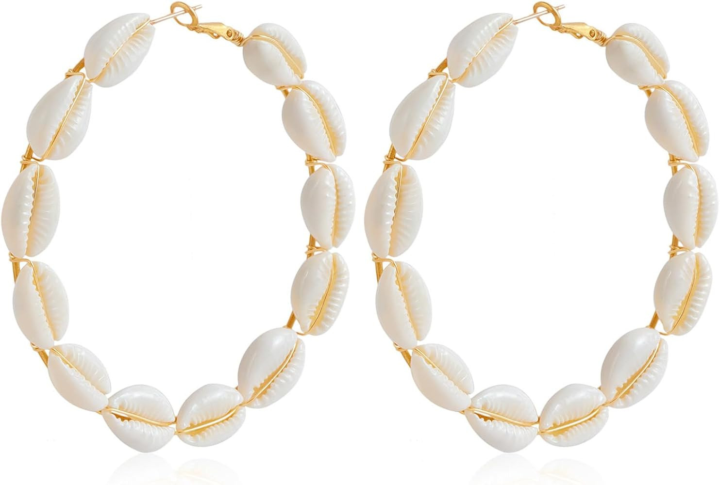 Beach Cowrie Seashell Hoop Earrings for Women Fashion Natural Shells Large Circles Dangle Earring... | Amazon (US)