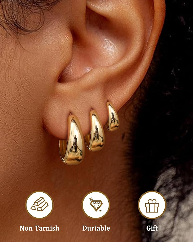 Amazon.com: 3Pairs 14K Gold Plated Hoop Earrings Set for Women Chunky Earring Silver Plated Hypoa... | Amazon (US)