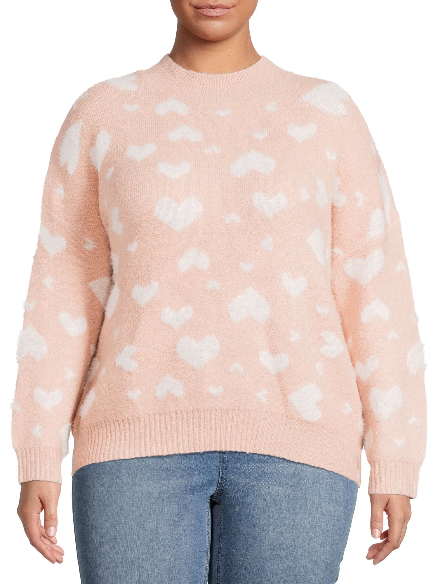Dreamers by Debut Fuzzy Heart Mock Neck Pullover Sweater | Walmart (US)
