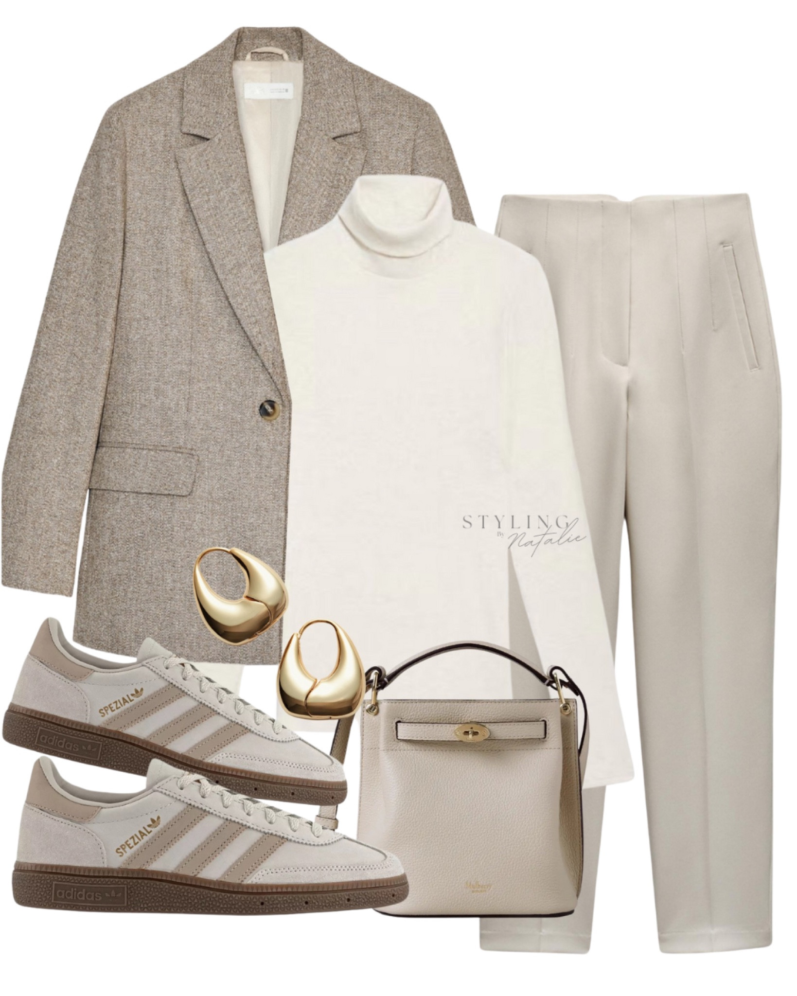 Tweed blazer, high-waist trousers, roll neck top, Adidas Spezials, Mulberry bucket bag & gold earrings. Transitional style, spring fashion, smart casual, work wear outfit, office casual

#LTKworkwear #LTKuk #LTKeurope