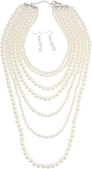 Women's Retro Layered Statement Simulate Pearl Strands Long Necklace with Earrings | Amazon (US)