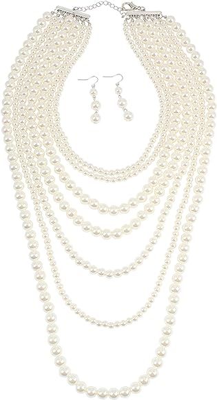 Women's Retro Layered Statement Simulate Pearl Strands Long Necklace with Earrings | Amazon (US)