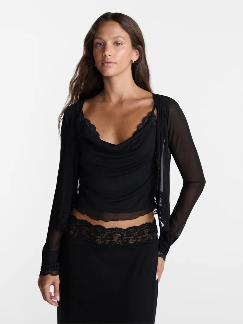 No Boundaries Cowl Neck Tank Top and Cardigan Set with Lace Trim, 2 Piece, Women\u2019s XXS-XXL | Walmart (US)