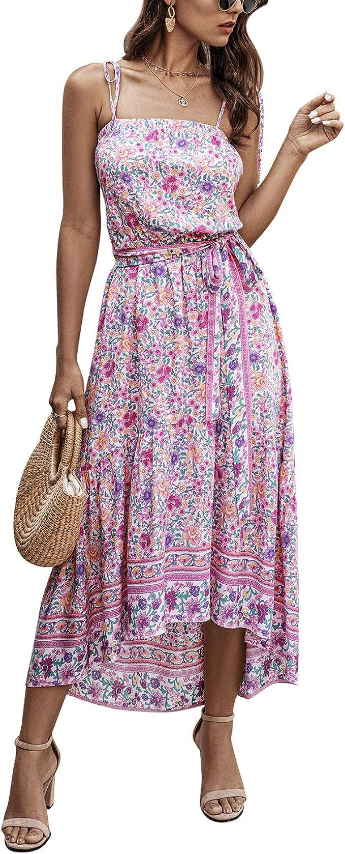SHIBEVER Women’s Summer Floral Sun Dresses Casual Boho Spaghetti Strap Drawstring Maxi Dress Pi... | Amazon (US)
