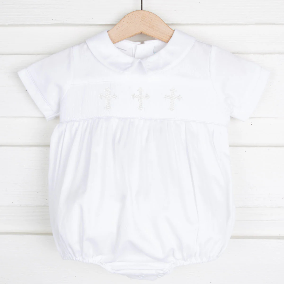 White Cross Smocked Collared Boy Bubble | Classic Whimsy