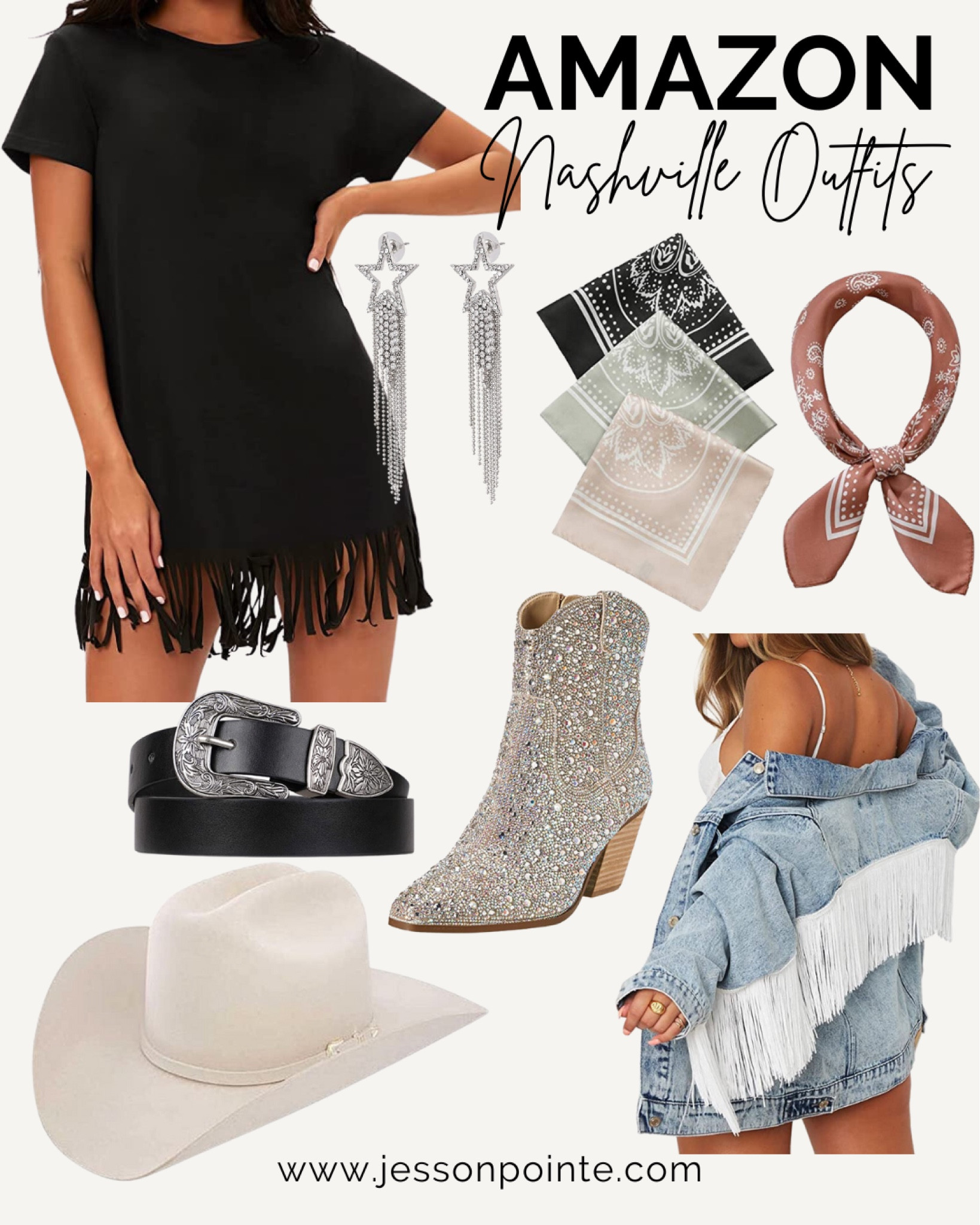 These are the perfect pieces for your next Nashville Trip! 🖤 Rhinestone boots, cowboy hat, fringe jacket, Star earrings, bandana. Can also be your next Nashville outfit, country concert, or Taylor Swift concert outfit! ✨

#LTKtravel #LTKFind #LTKunder100