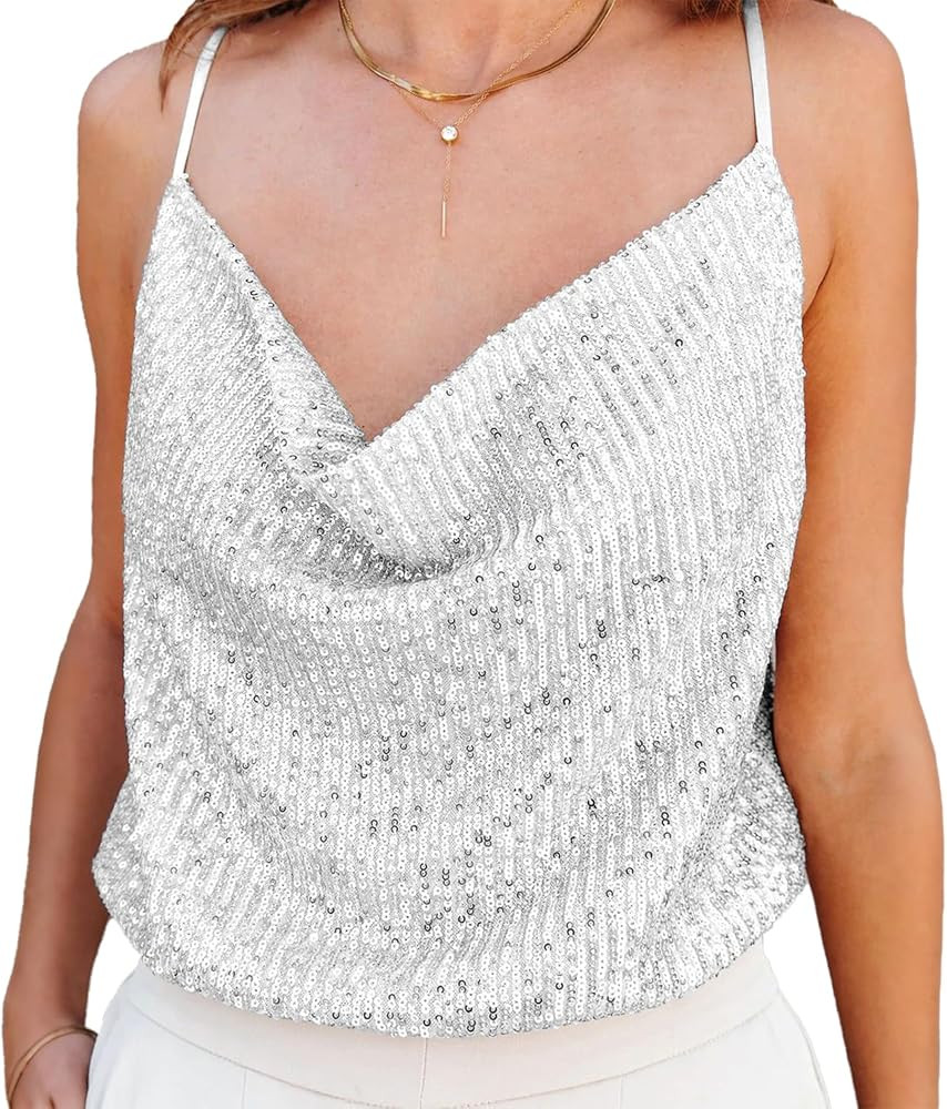 Ypser Women Sequin Sparkle Sleeveless Top Spaghetti Strap Cowl Neck Glitter Tank Top | Amazon (US)