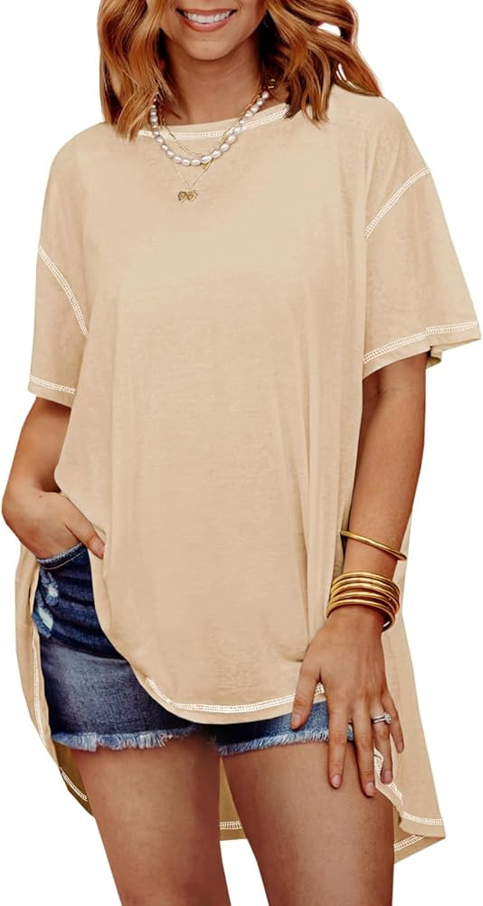 Tankaneo Women's Oversized T Shirts Casual Summer Short Sleeve Crew Neck Loose Fit Tunic Tops | Amazon (US)