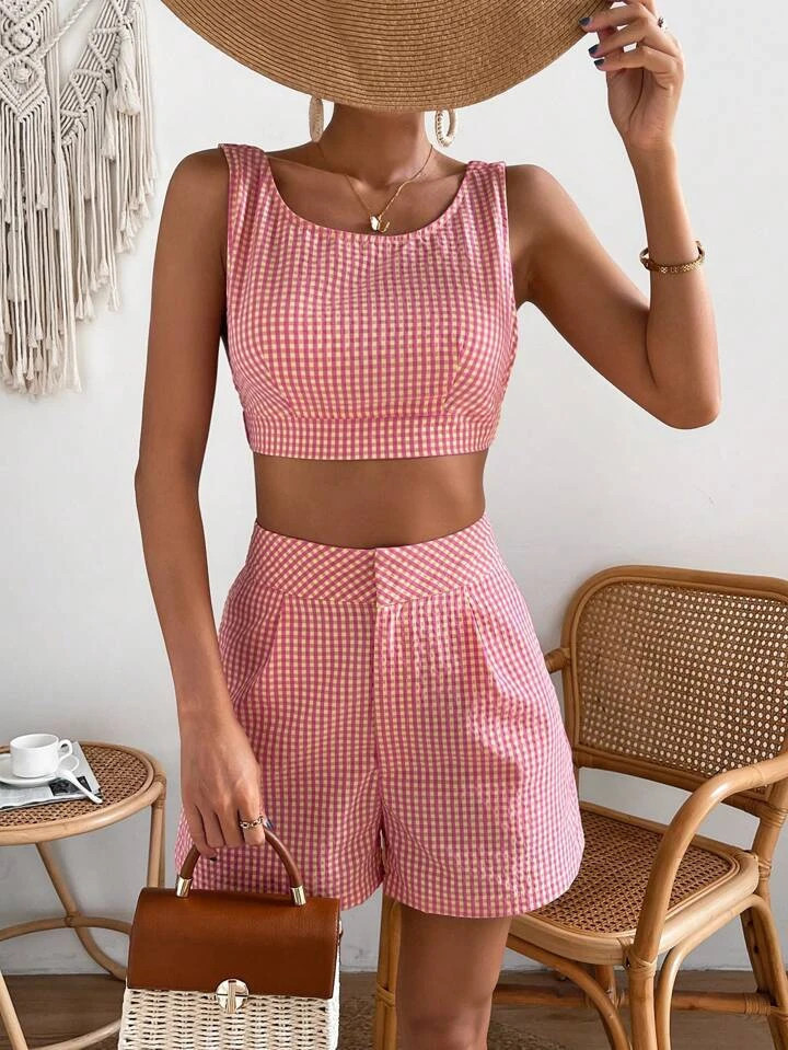 SHEIN WYWH Top crop impressão de guingão & shorts | SHEIN