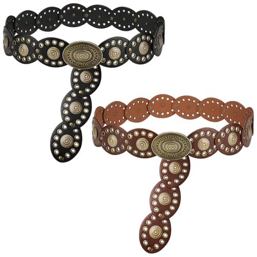 Sintege 2 Pcs Western Wide Disc Belt for Women Hollow Disc Belt Boho Waist Belts Vintage Western Leather (45.28 Inch,Oval) | Amazon (US)