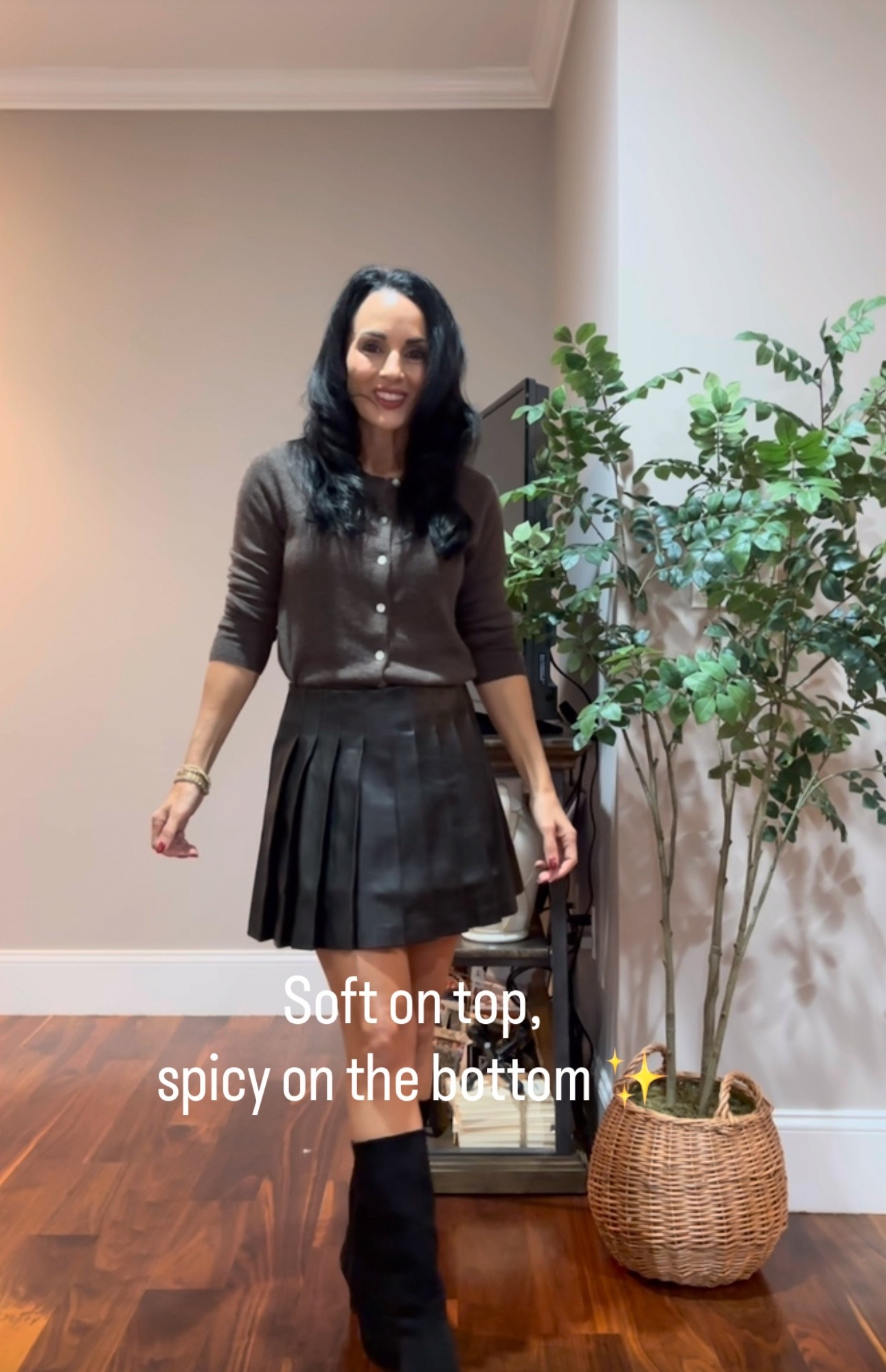 Cashmere cardigan with a pleated faux  leather skirt
Code LAURAP30 at Vici
Code laura15 at Inez 

#LTKSaleAlert #LTKFindsUnder50 #LTKHoliday