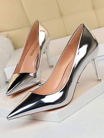 Women Metallic Point Toe Stiletto Heeled Pumps, Glamorous Party Artificial Patent Leather Court P... | SHEIN